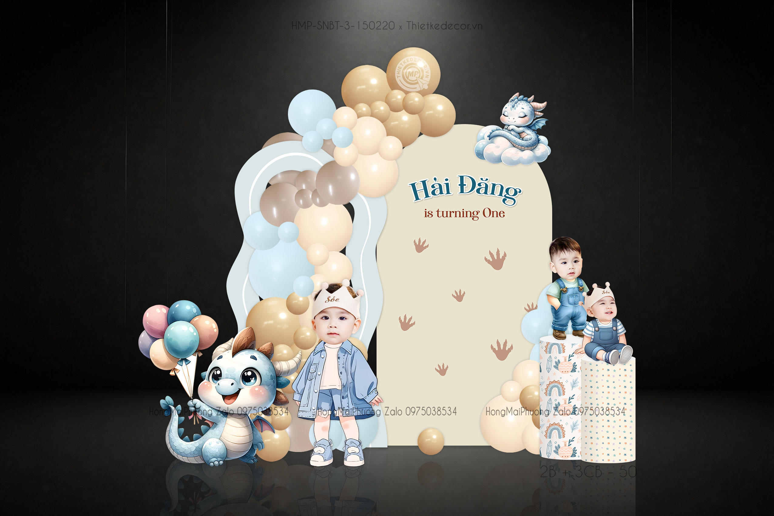 Sinh nhật bé trai tuổi rồng tone xanh và be